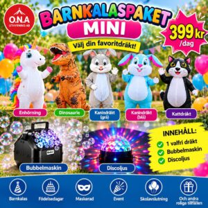 Barnkalaspaket MINI – 1 valfri dräkt, bubbelmaskin och discoljus