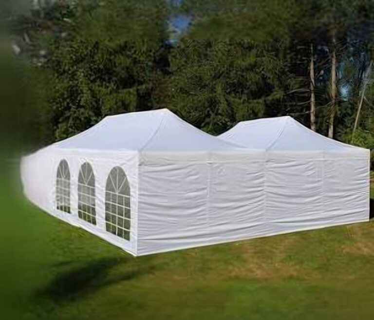 Festpaket XXL – snabbtält 6×8 m, 11 bord, 65 stolar och JBL-högtalare